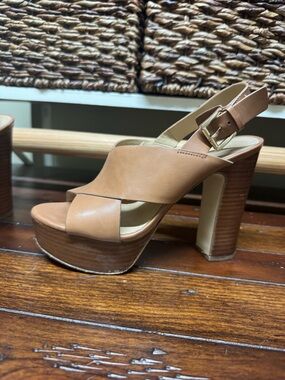 Michael Kors Women’s Tan Platform Slingback Sandals with Stacked Heel